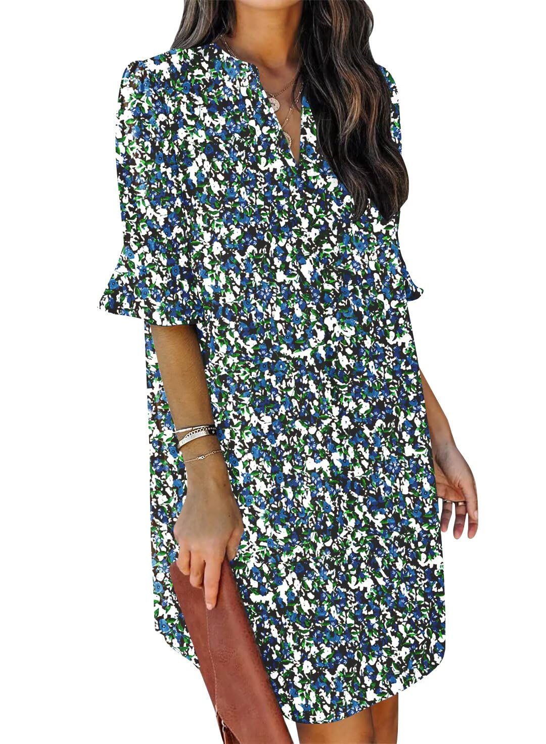 QACOHU Womens Summer Casual V Neck Shift Mini Dress | Flowy Swing Basic Dress, Ruffle Short Sleeve, Floral Boho Style, Wedding Guest Daily Work Clothes, Beach Vacation Outfits