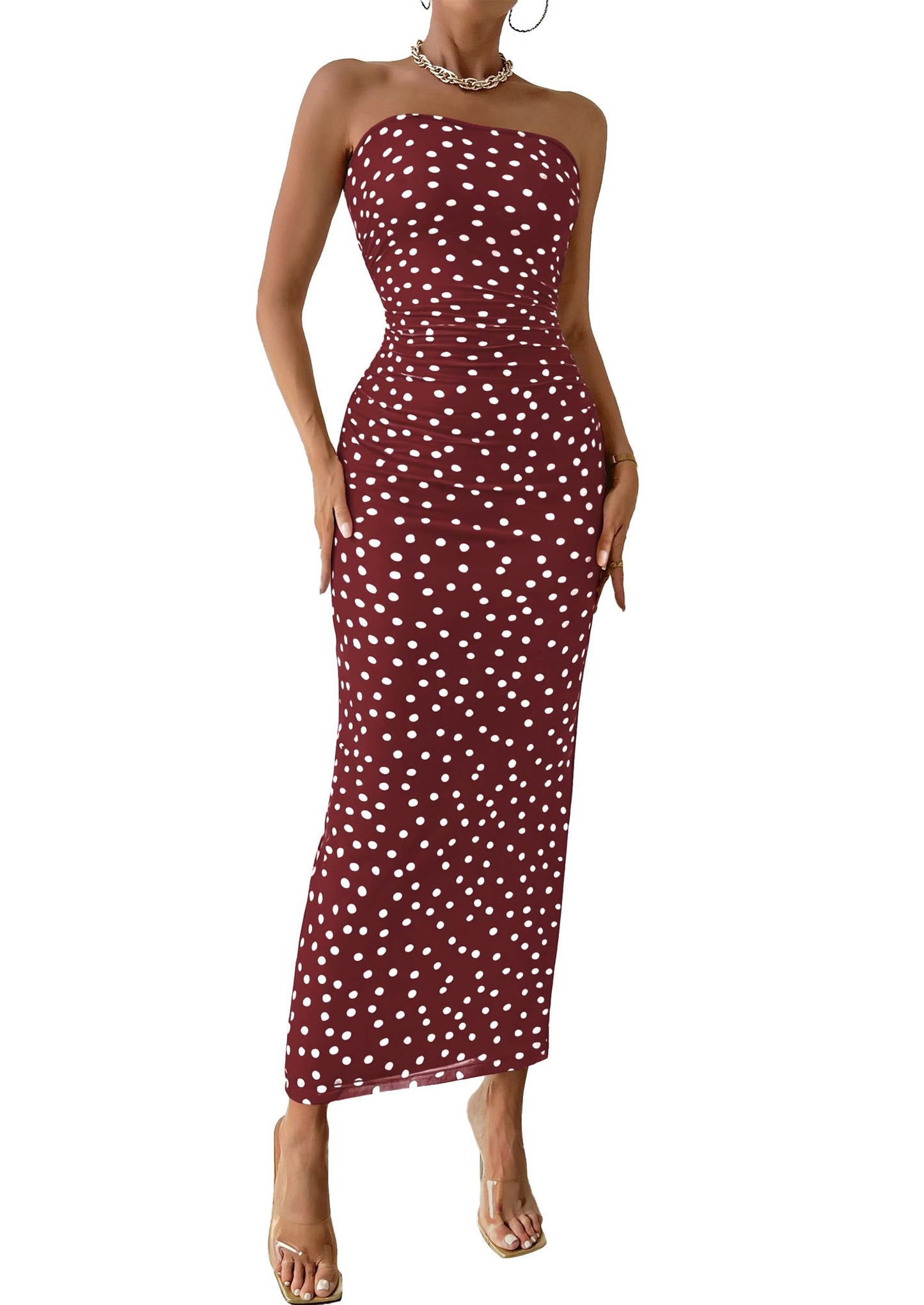PRETTYGARDEN Women's Strapless Bodycon Floral Maxi Dress | Stretchy Lined Mesh, Long Tube Dresses, Ruched Slit, Spring Summer Y2K Outfits for Wedding, Date Night Party, Beach Vacation