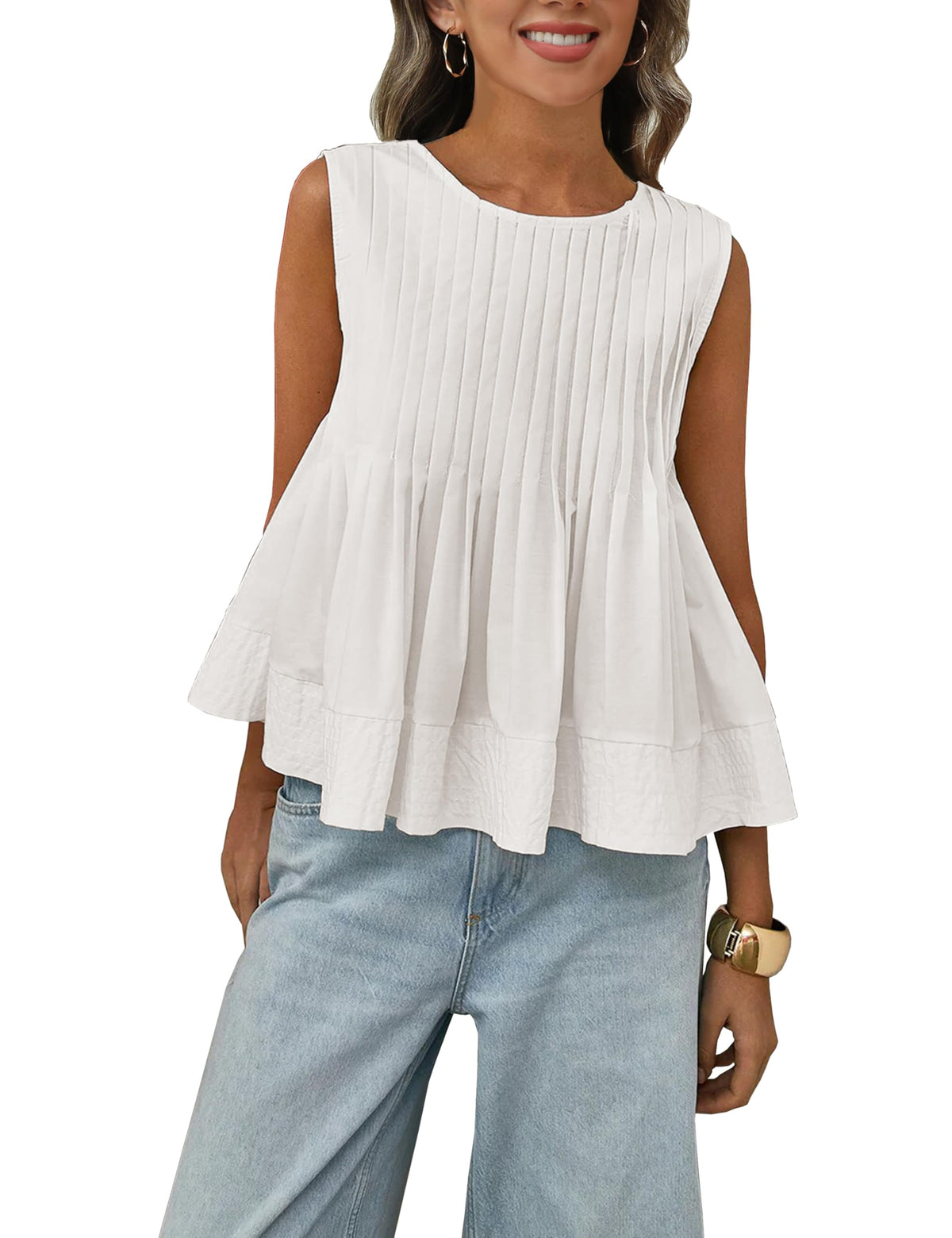 Megfie Womens Summer Pleated Peplum Sleeveless Blouse Tank Tops Round Neck Y2K Babydoll Blouse Shirt