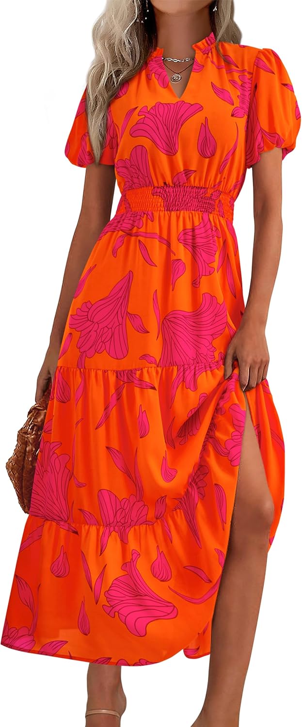 MASCOMODA Summer Maxi Dresses for Women 2026 Short Sleeve Long Floral Dress | Puff Sleeve, Casual V Neck, Smocked Waist, Tiered Ruffle Hem, A line Boho Dresses, Elegant Beach Flowy Long Dress Spring