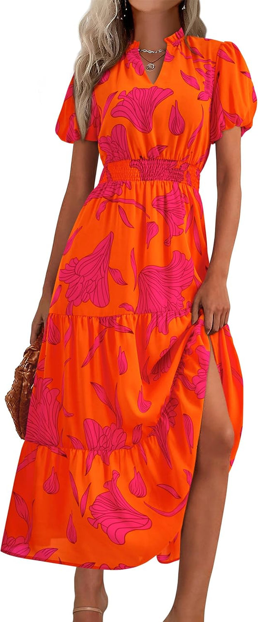 MASCOMODA Summer Maxi Dresses for Women 2026 Short Sleeve Long Floral Dress | Puff Sleeve, Casual V Neck, Smocked Waist, Tiered Ruffle Hem, A line Boho Dresses, Elegant Beach Flowy Long Dress Spring
