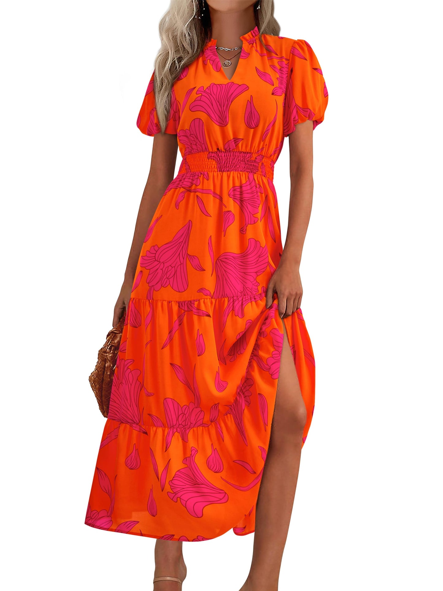 MASCOMODA Summer Maxi Dresses for Women 2026 Short Sleeve Long Floral Dress | Puff Sleeve, Casual V Neck, Smocked Waist, Tiered Ruffle Hem, A line Boho Dresses, Elegant Beach Flowy Long Dress Spring