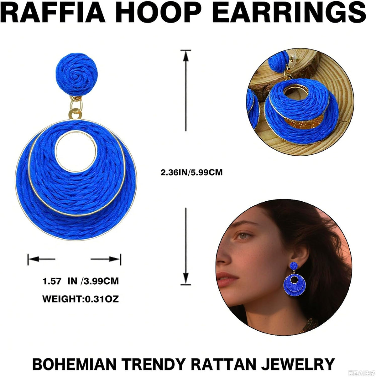 Raffia Hoop Earrings for Women - Boho Straw Wiker Dangle Drop Earrings for Summer Beach, Bohemian Trendy Rattan Jewelry