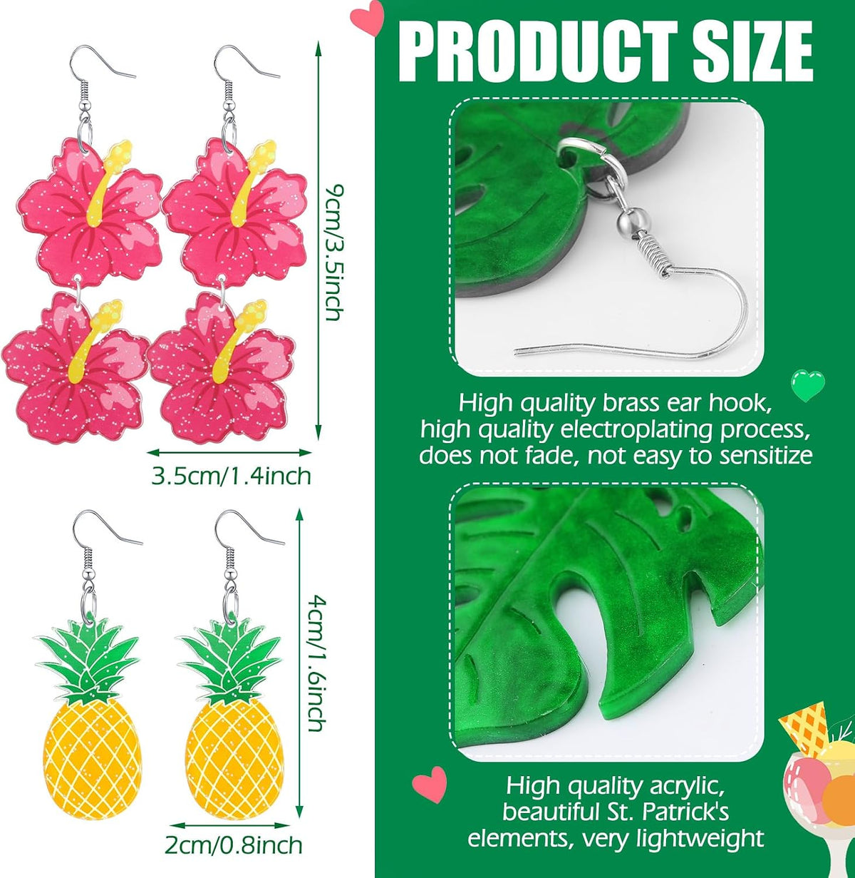 8 Pairs Summer Earrings for Women Hawaiian Tropical Acrylic Dangle Earrings Hawaii Flower Pineapple Leaf Earring Holiday Jewelry