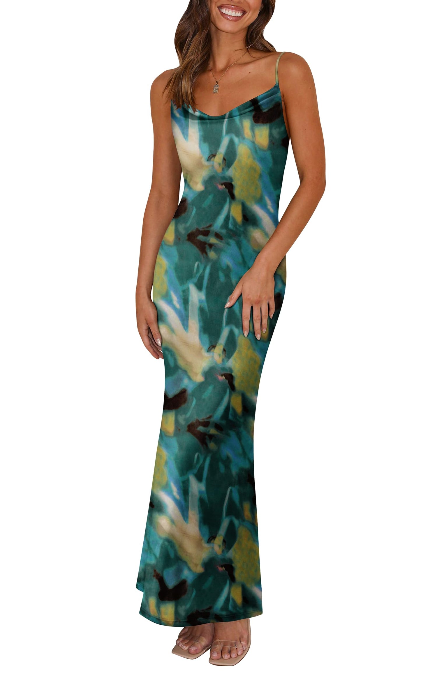 PRETTYGARDEN Women's 2026 Summer Floral Spaghetti Strap Maxi Dress Stretch Sexy Bodycon Dress Backless Slip Long Dresses