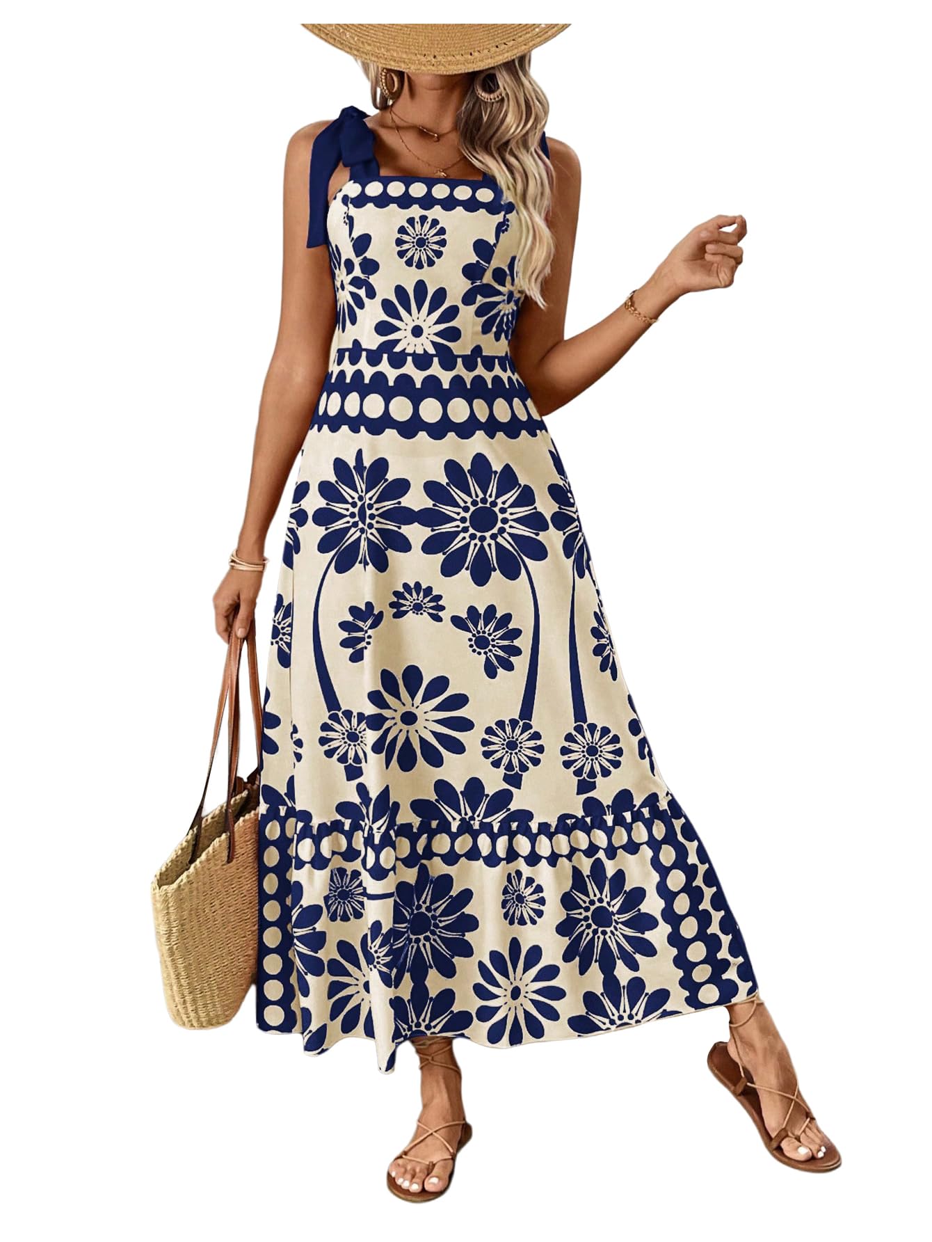 Floerns Women's Vintage Sleeveless Tie Shoulder Sundress Floral Print Cami Maxi Dress