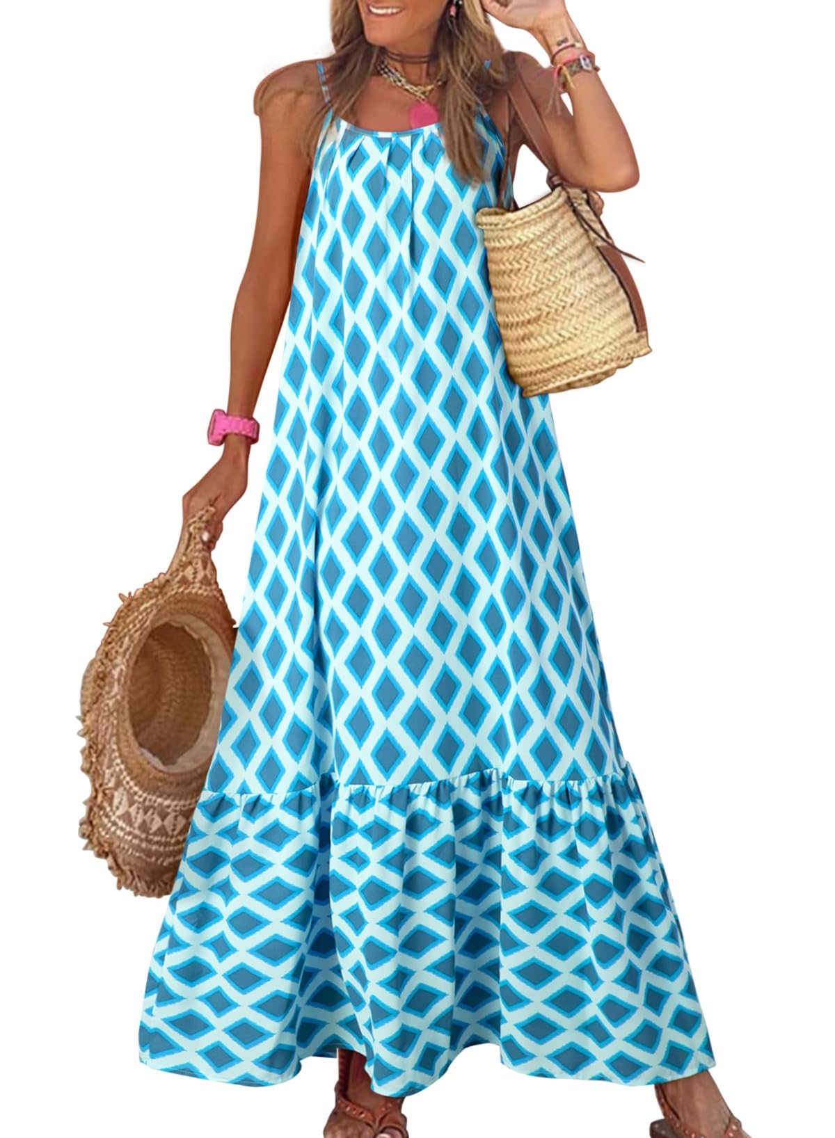 Dokotoo Women Summer Dresses Scoop Neck Ruffle Flowy Boho Maxi Dress | Spaghetti Strap Sundresses,Sleeveless,Beach Vacation Clothes,Ruffle A Line,Casual Boho Printed,Hawaiian Dresses,Wedding Guest