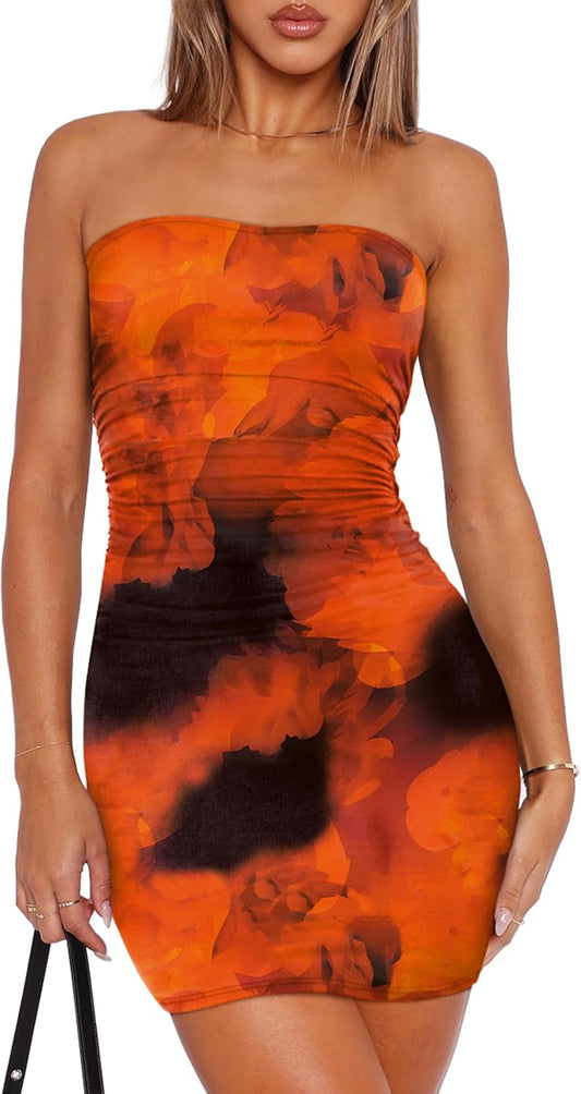 OFEEFAN Summer Dresses for Women 2025 Strapless Ruched Party Club Bodycon Mini Dress