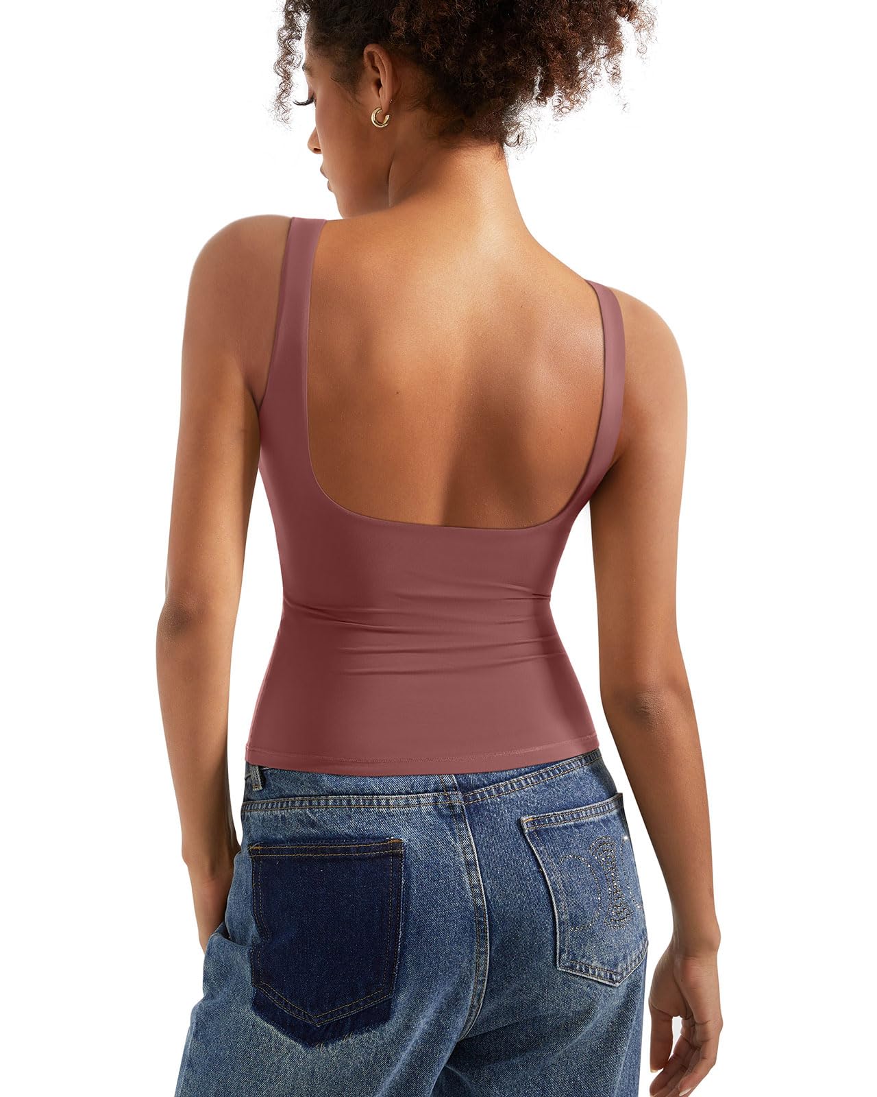 SUUKSESS Women Padded Open Back Boat Neck Tank Top Double Lined Basic Shirt | Backless Sleeveless Built in Bra Tops Slim Fitted Summer Going Out Top