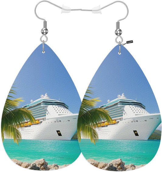 Sea Cruise Leather Teardrop Earrings Sailing Vacation Cruise Ship Tropical Summer Palm Beach Faux Leather Water Drop Earrings Jewelry For Women Friends Wedding