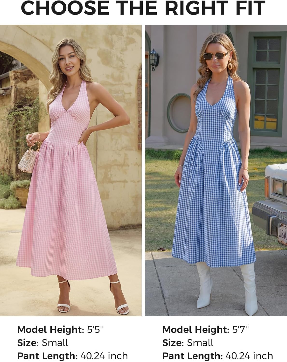 Wenrine Womens Halter V Neck Corset Maxi Dresses Summer Plaid Smocked Dress | Tie Back, Backless, Wedding Guest, Drop Waist, Sleeveless, Gingham, Pleated, Long dress with Pockets