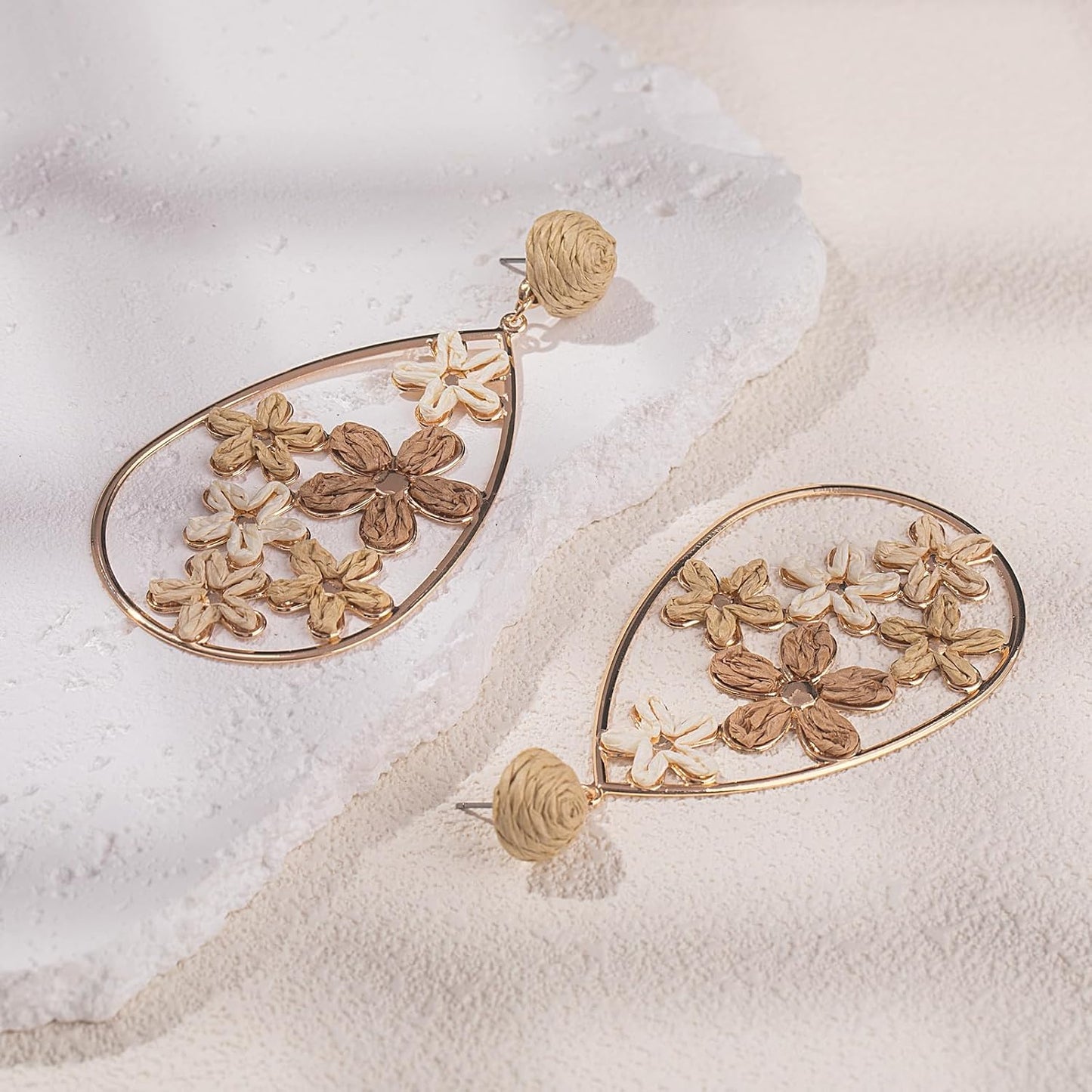 Boho Raffia Flower Teardrop Earrings Cute Colorful Dangle Trendy Jewelry | Floral Drop Statement Big Dangling Earring Hypoallergenic Gold Fun Unique Summer Spring Beach Vacation Outfits for Women