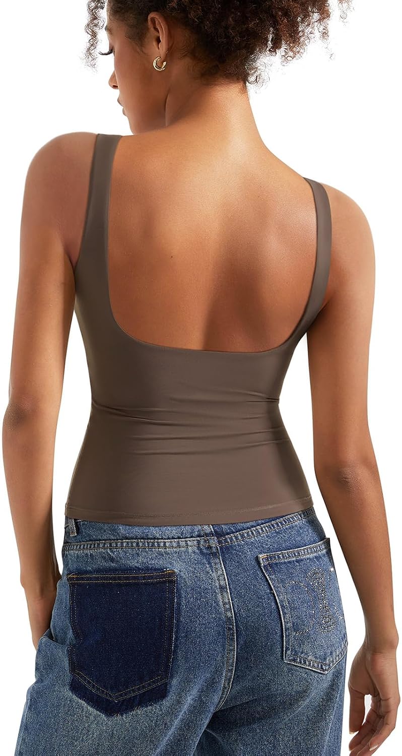 SUUKSESS Women Padded Open Back Boat Neck Tank Top Double Lined Basic Shirt | Backless Sleeveless Built in Bra Tops Slim Fitted Summer Going Out Top