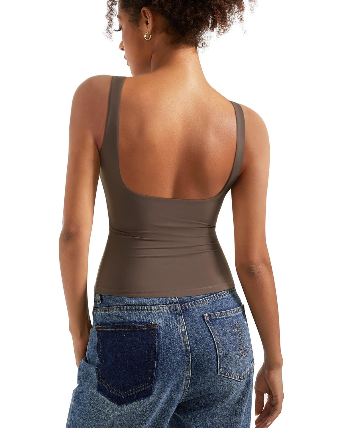 SUUKSESS Women Padded Open Back Boat Neck Tank Top Double Lined Basic Shirt | Backless Sleeveless Built in Bra Tops Slim Fitted Summer Going Out Top