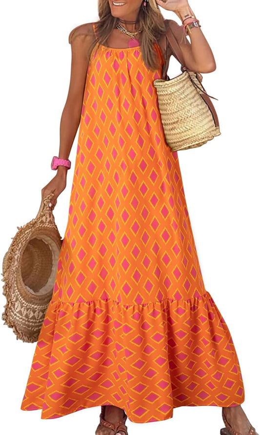 Dokotoo Women Summer Dresses Scoop Neck Ruffle Flowy Boho Maxi Dress | Spaghetti Strap Sundresses,Sleeveless,Beach Vacation Clothes,Ruffle A Line,Casual Boho Printed,Hawaiian Dresses,Wedding Guest