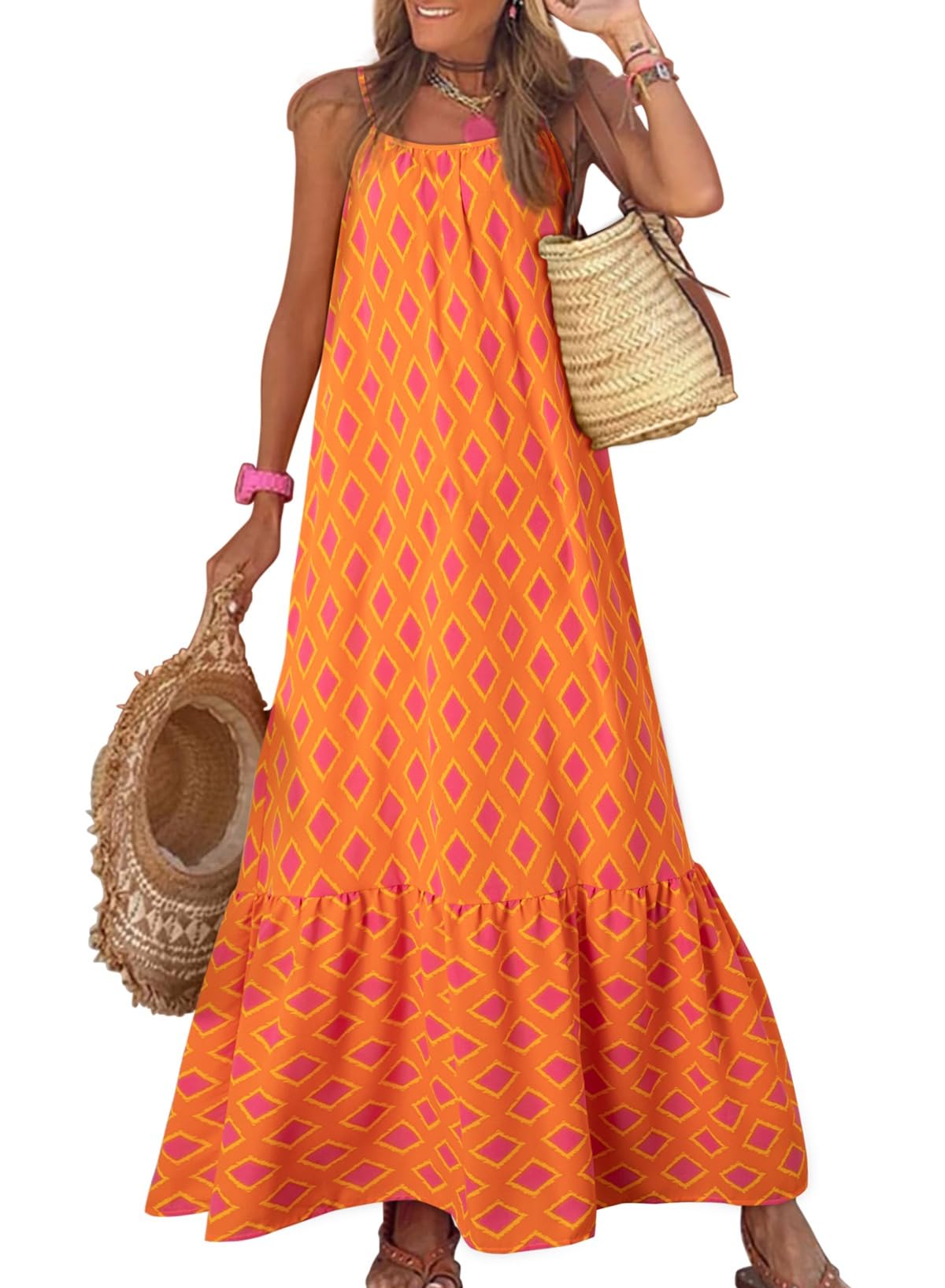 Dokotoo Women Summer Dresses Scoop Neck Ruffle Flowy Boho Maxi Dress | Spaghetti Strap Sundresses,Sleeveless,Beach Vacation Clothes,Ruffle A Line,Casual Boho Printed,Hawaiian Dresses,Wedding Guest