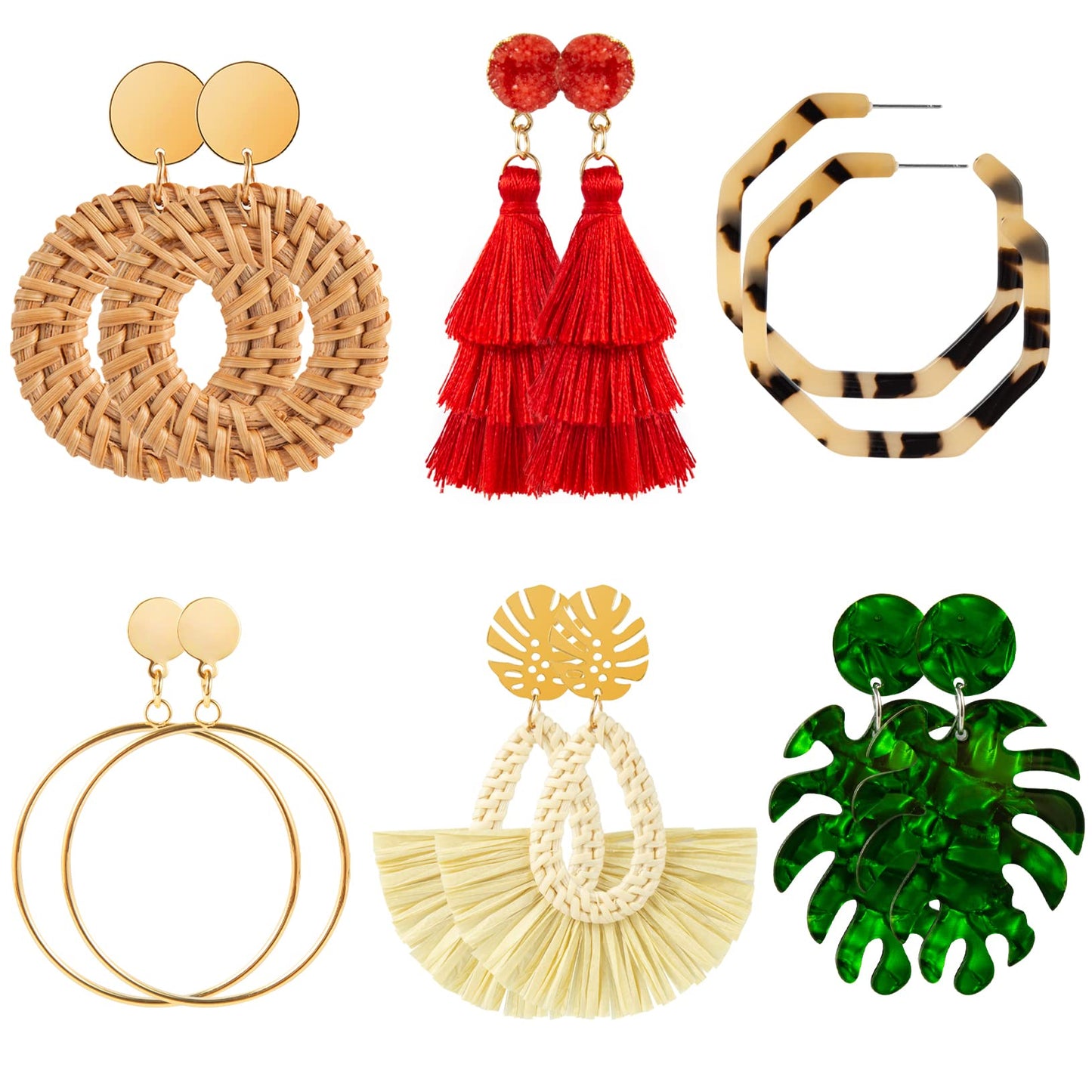 Ponpon 6-18 Pairs Earrings for Women, Lightweight Summer Earrings Straw Earrings Fashion Geometric Statement Hoop Dangle Drop Earrings for Women