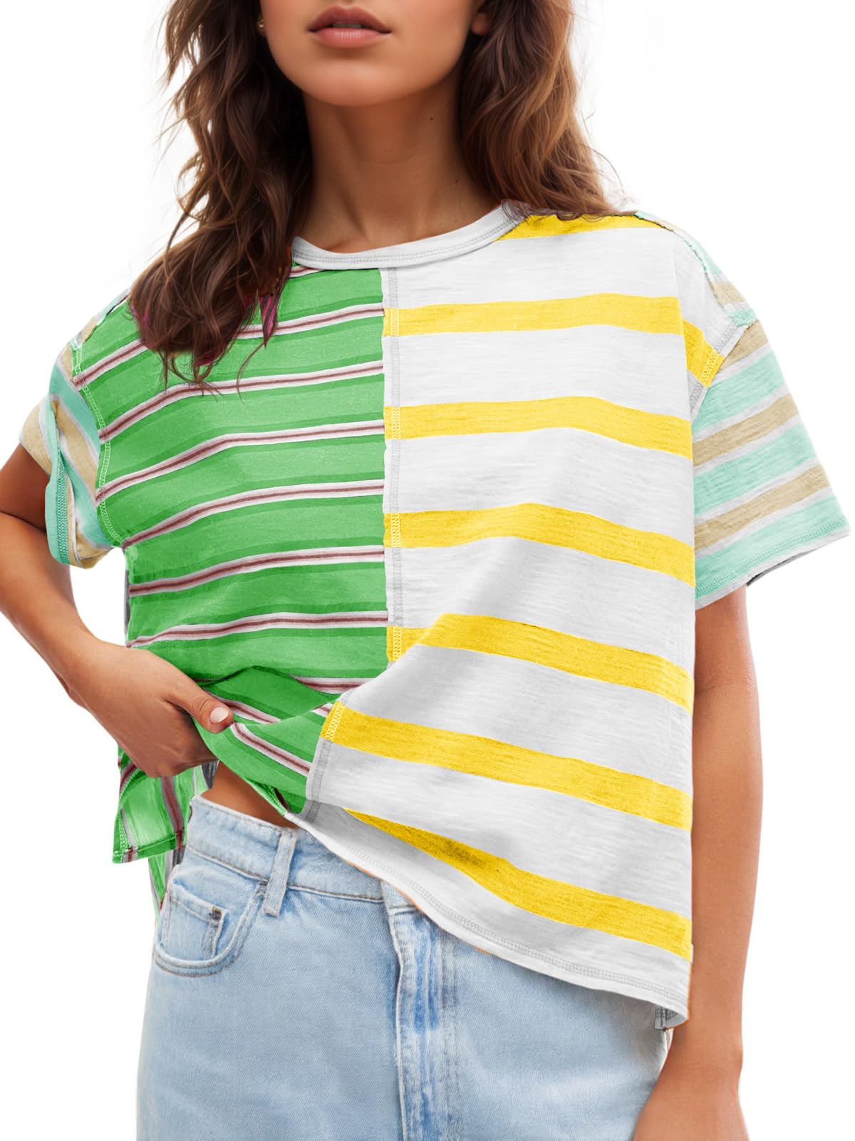 Tankaneo Womens Summer Striped Shirts Casual Color Block Short Sleeve Tops Loose Fit Crew Neck Tees