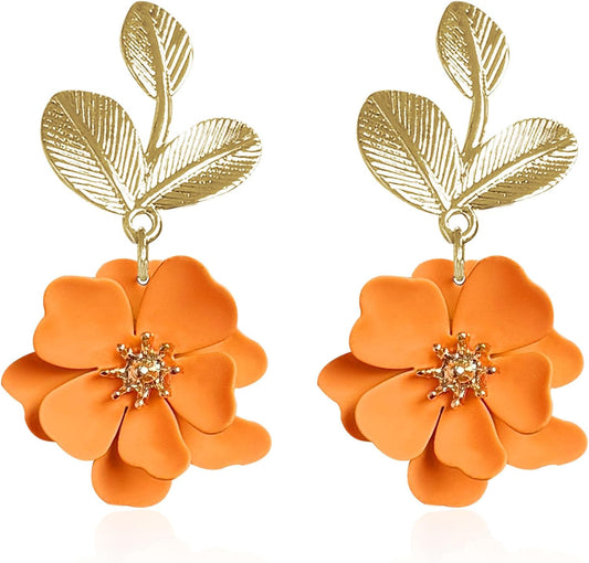 Boho Flower Earrings for Women Cute Dangle Drop Gold Leaf Floral Studs Hook Statement Jewelry Sweet Earrings