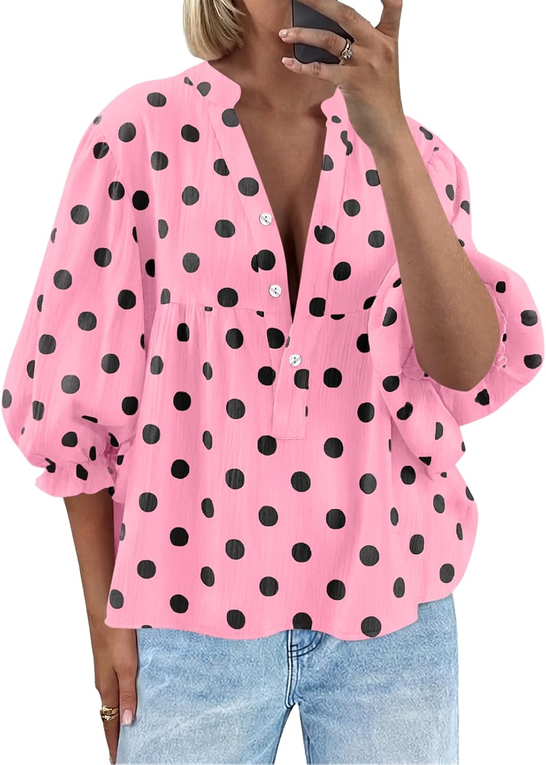Tankaneo Womens Puff Sleeve Summer Babydoll Tops Cute V Neck Striped Blouse | Casual, Loose Fit, Flowy Shirts, Button, Boho, Work, Dressy, Peplum Blouses