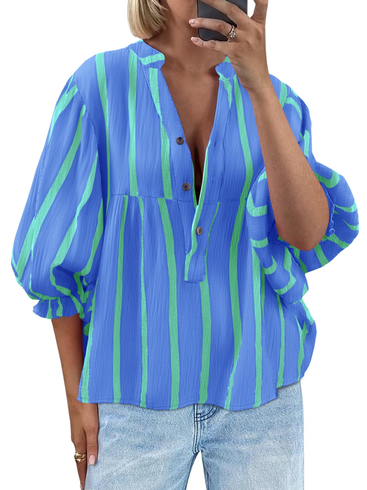 Tankaneo Womens Puff Sleeve Summer Babydoll Tops Cute V Neck Striped Blouse | Casual, Loose Fit, Flowy Shirts, Button, Boho, Work, Dressy, Peplum Blouses