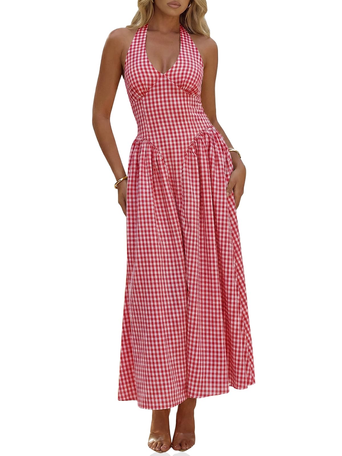 Wenrine Womens Halter V Neck Corset Maxi Dresses Summer Plaid Smocked Dress | Tie Back, Backless, Wedding Guest, Drop Waist, Sleeveless, Gingham, Pleated, Long dress with Pockets