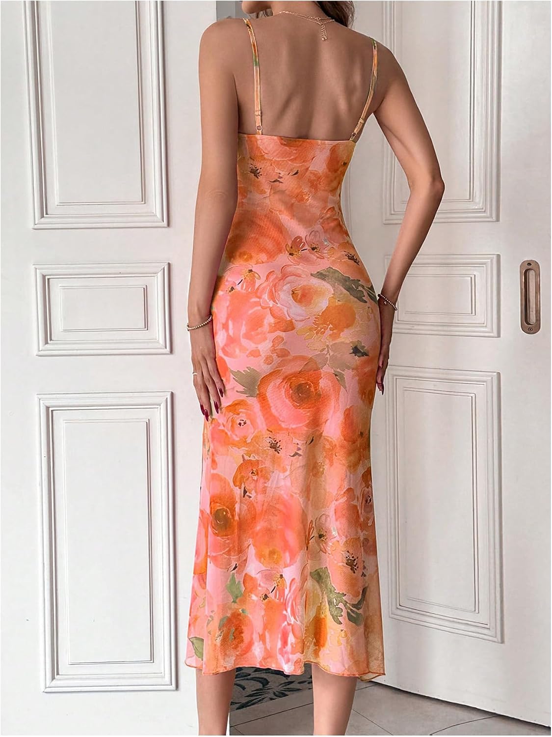 GORGLITTER Women's Floral Wedding Guest Bridal Shower Cocktail Midi Dress | Wedding Dresses for Bride, Bridesmaid, Orange Dress Women, Vacation Sunset Beach Outfits Woman