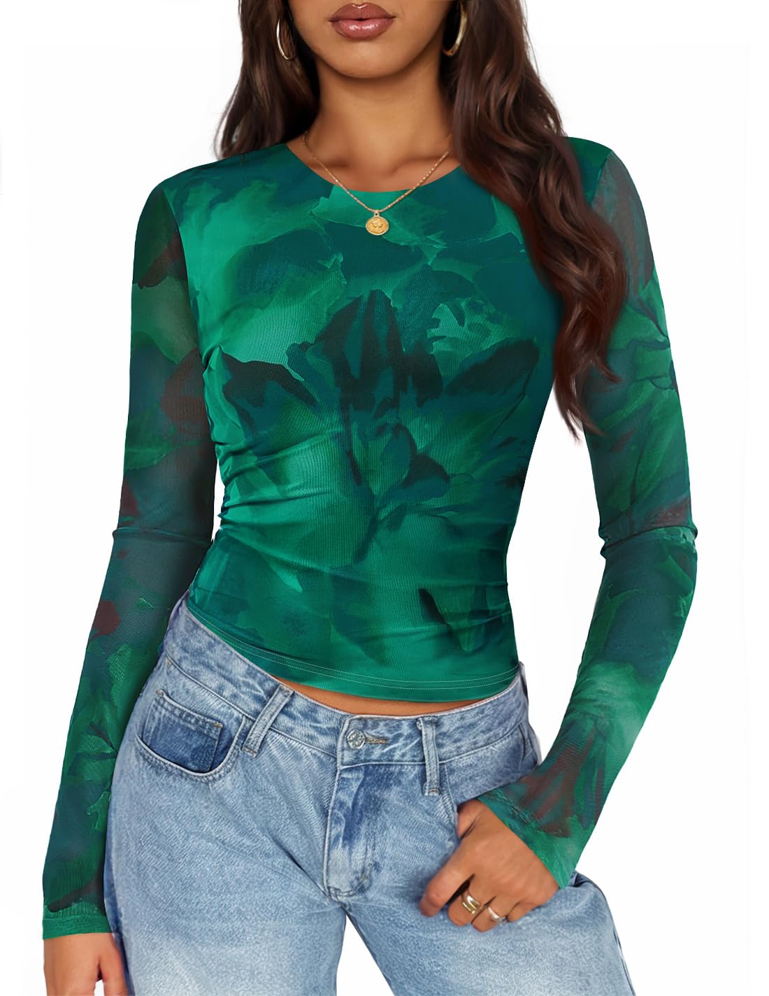 ZESICA Womens Floral Mesh Going Out Tops Fall Long Sleeve Y2K Shirts | Crew Neck, Slim Fit Ruched Top, Sexy Y2K Trendy Clothes, Date Night Outfit for Women