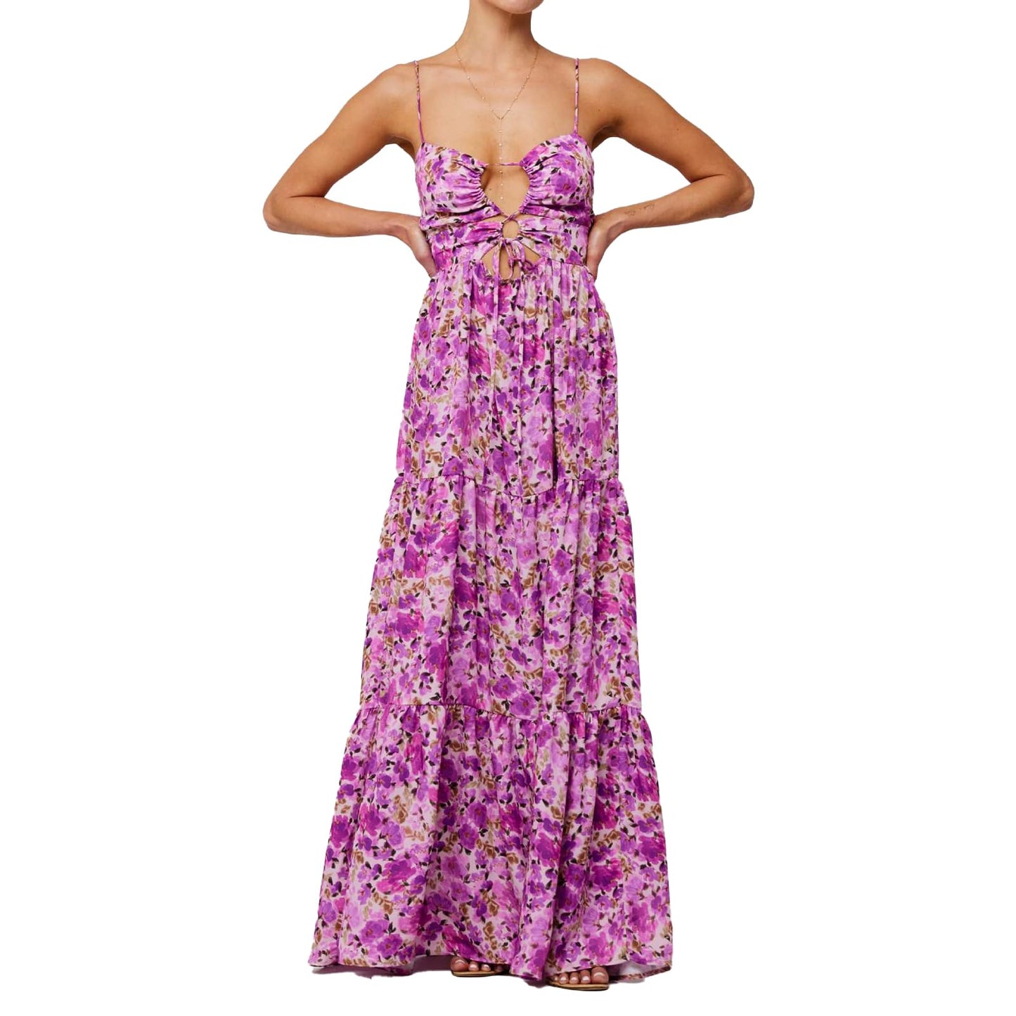 ABYOVRT Women Floral Maxi Dress Tie Front Cut Out Backless Boho Spaghetti Strap Summer Beach Sundress