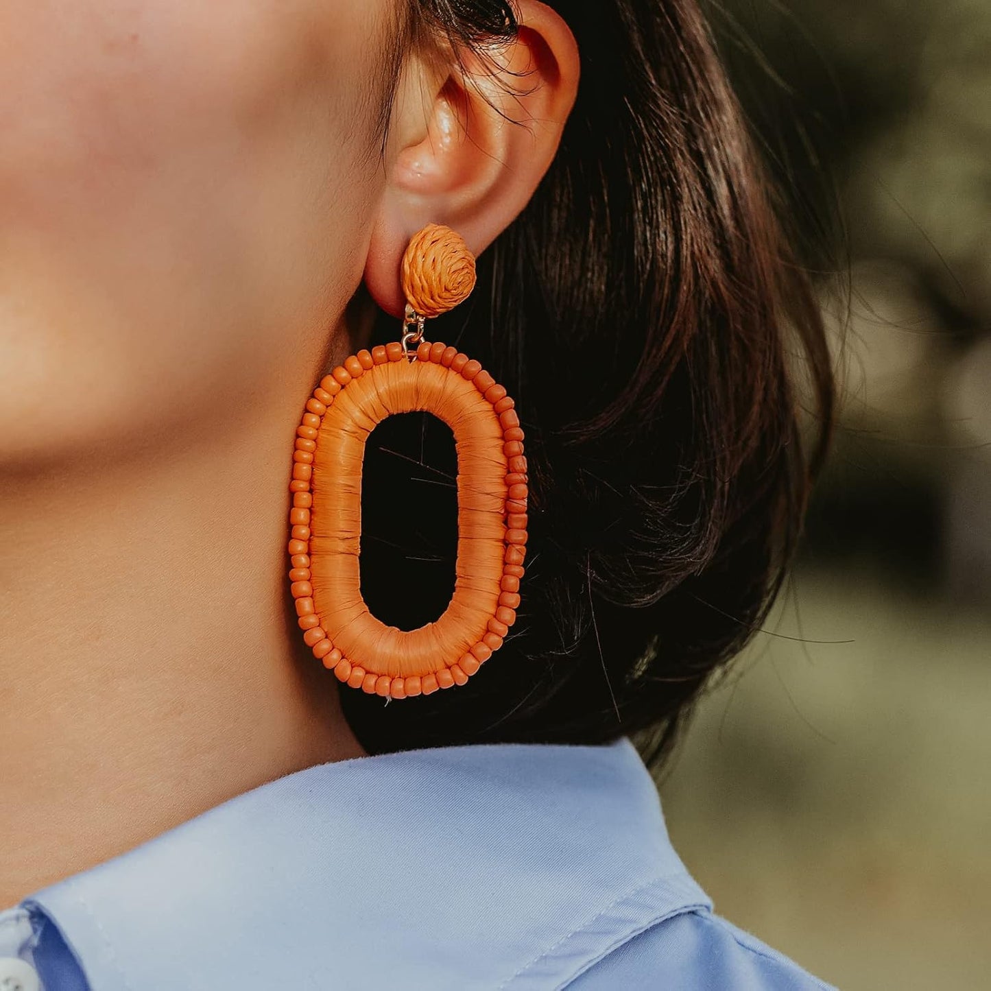 Boho Beaded Raffia Drop Earrings Statement Fun Square Dangle Summer Jewelry | Handmade Colorful Bead Chunky Accessories Big Geometric Dangling Vacation Tropical Bohemian Hawaiian Outfits for Women