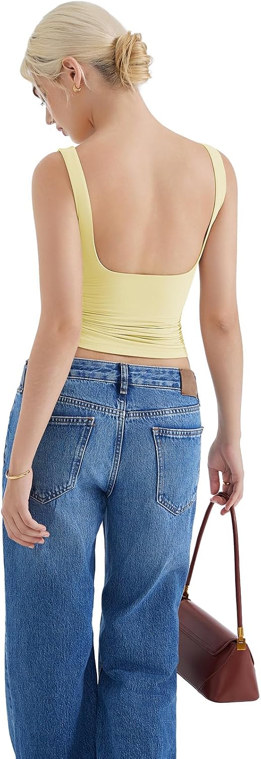SUUKSESS Women Padded Open Back Boat Neck Tank Top Double Lined Basic Shirt | Backless Sleeveless Built in Bra Tops Slim Fitted Summer Going Out Top