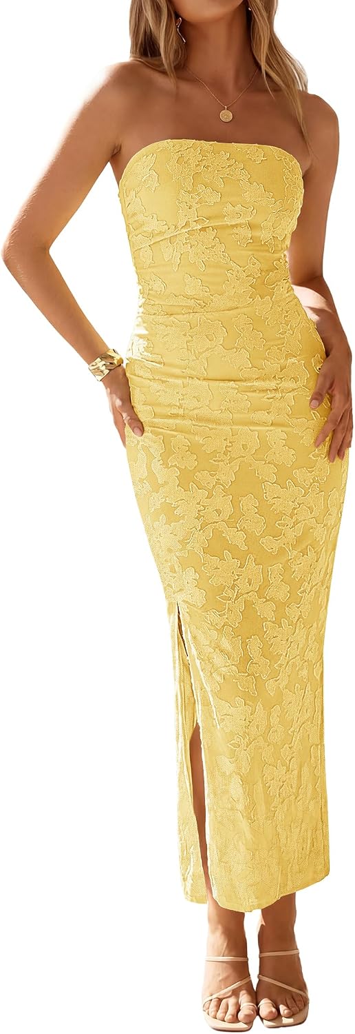 ZESICA Womens Summer Strapless Floral Bodycon Ruched Slit Maxi Formal Dress | Off Shoulder Mesh Casual Long Sundress, Elegant Sexy Dinner Dress, Beach Vacation Dress, Wedding Guest Cocktail Party Dress