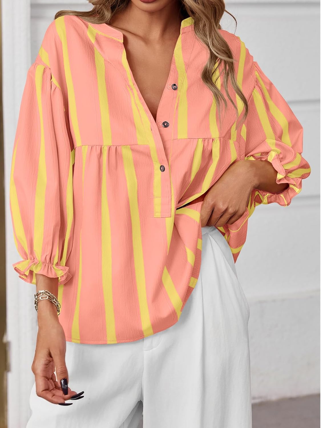 Tankaneo Womens Puff Sleeve Summer Babydoll Tops Cute V Neck Striped Blouse | Casual, Loose Fit, Flowy Shirts, Button, Boho, Work, Dressy, Peplum Blouses