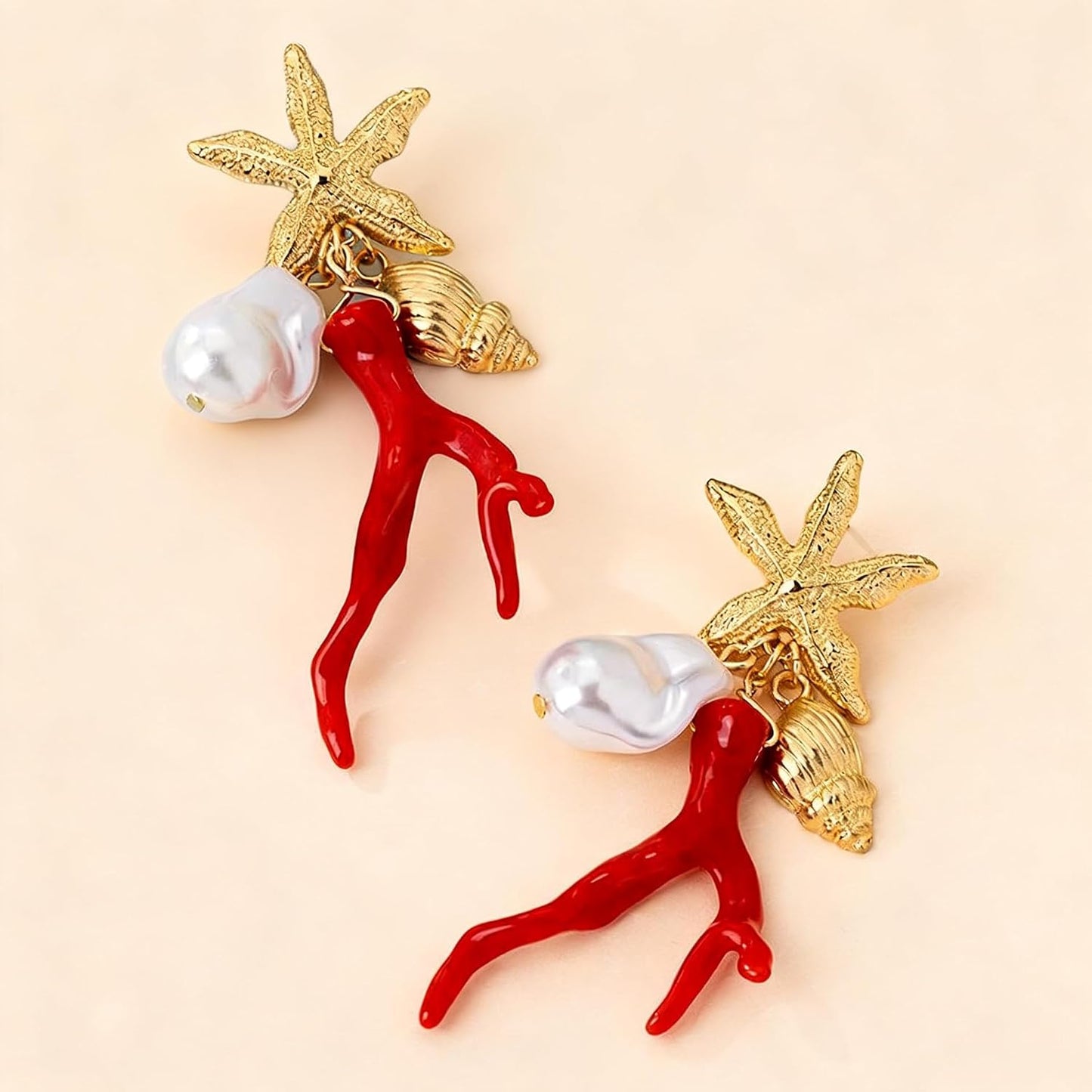 Starfish Coral Pearl Earrings for Women, Gold Beach Dangle Earrings with Shell Star Design, Summer Boho Statement Jewelry, Ocean Vacation Accessories Gift