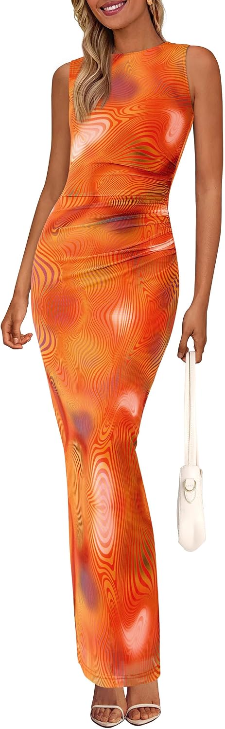 PRETTYGARDEN Women's Summer Formal Floral Maxi Dress | Sleeveless Ruched Bodycon Mesh Long Dresses, Elegant Spring Dress for Wedding Guest, Bridal Shower, Cocktail Party, Vacation