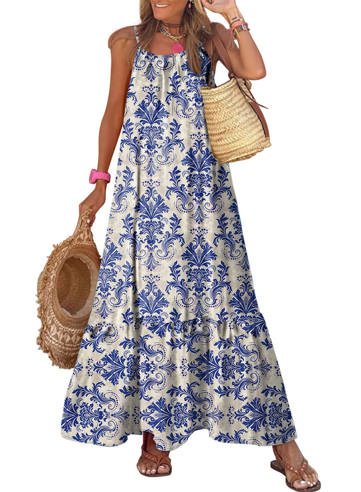 Dokotoo Women Summer Dresses Scoop Neck Ruffle Flowy Boho Maxi Dress | Spaghetti Strap Sundresses,Sleeveless,Beach Vacation Clothes,Ruffle A Line,Casual Boho Printed,Hawaiian Dresses,Wedding Guest