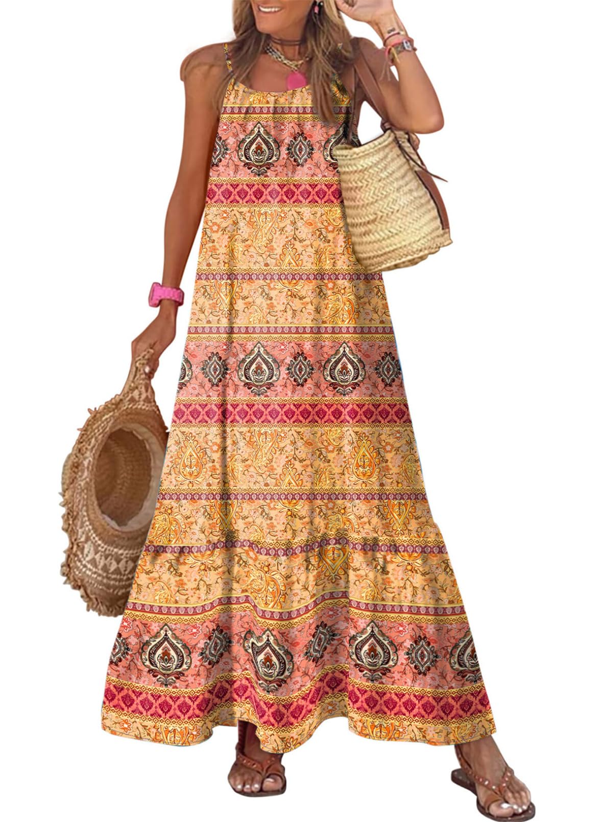 Dokotoo Women Summer Dresses Scoop Neck Ruffle Flowy Boho Maxi Dress | Spaghetti Strap Sundresses,Sleeveless,Beach Vacation Clothes,Ruffle A Line,Casual Boho Printed,Hawaiian Dresses,Wedding Guest