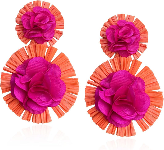 Raffia Flower Earrings Raffia Straw Wrapped Hot Pink Flower Drop Dangle Earrings Summer Tropical Beach Jewelry