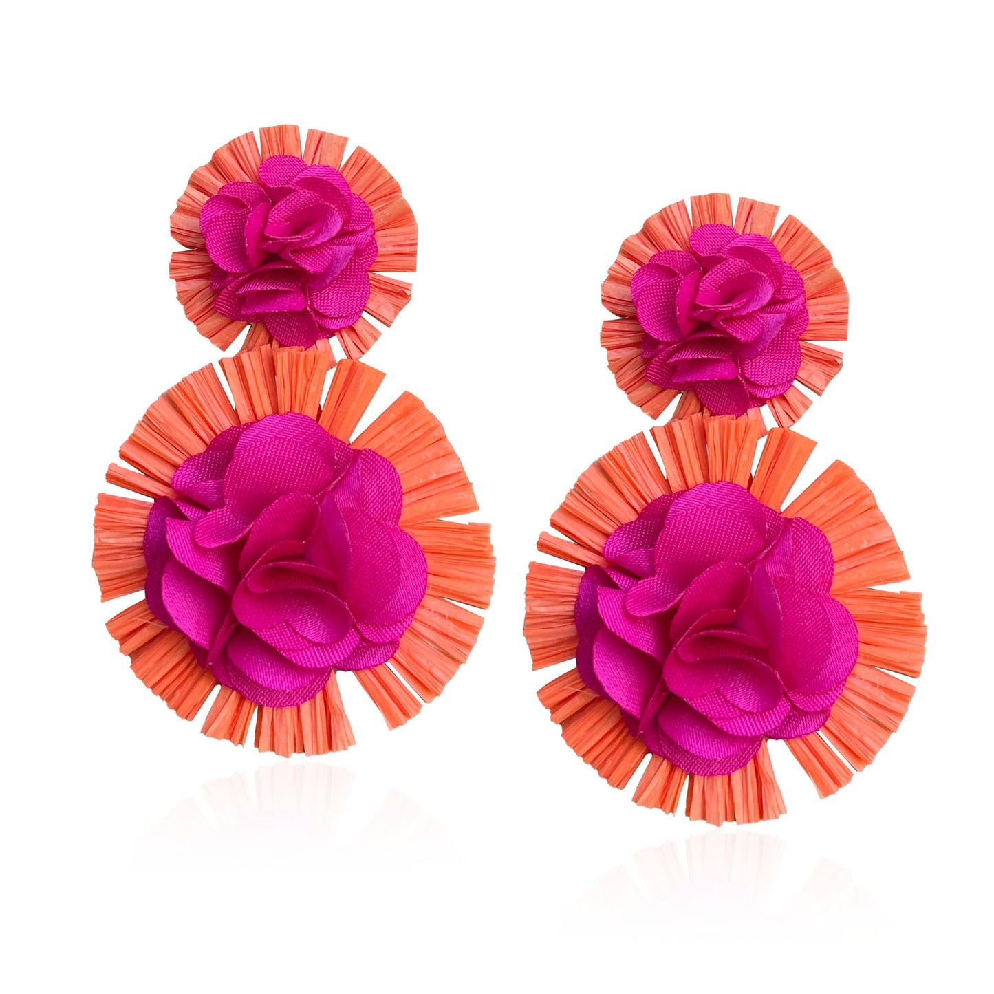 Raffia Flower Earrings Raffia Straw Wrapped Hot Pink Flower Drop Dangle Earrings Summer Tropical Beach Jewelry