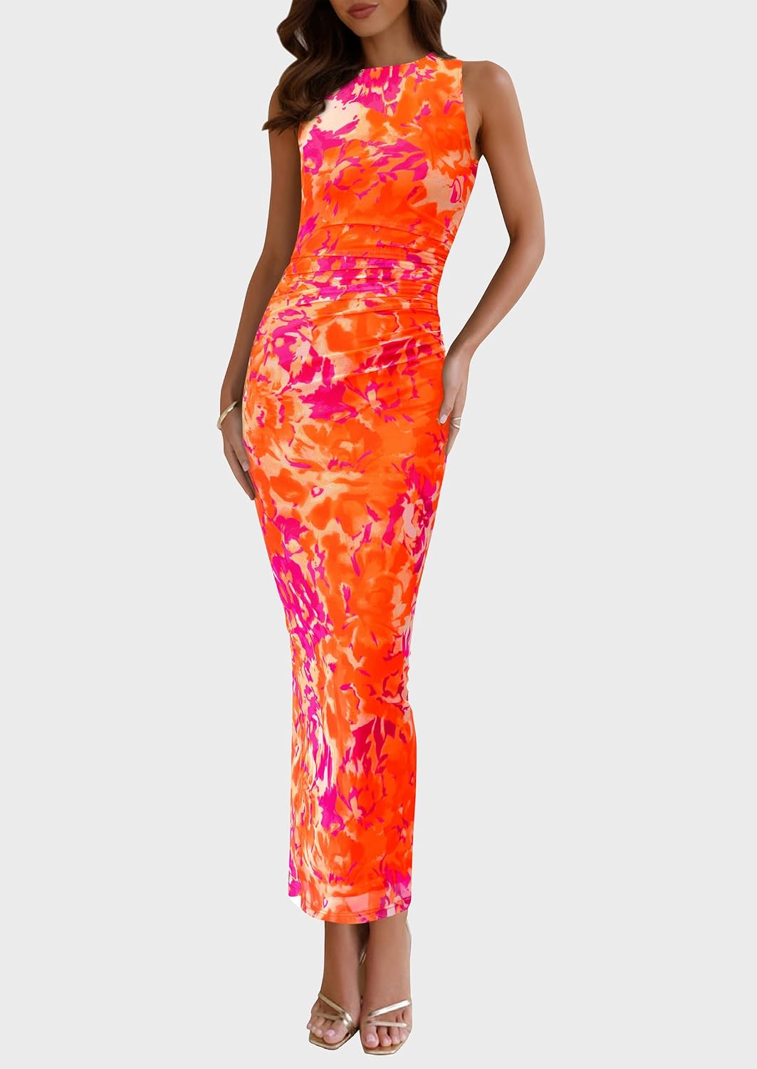 PRETTYGARDEN Women's Summer Formal Floral Maxi Dress | Sleeveless Ruched Bodycon Mesh Long Dresses, Elegant Spring Dress for Wedding Guest, Bridal Shower, Cocktail Party, Vacation