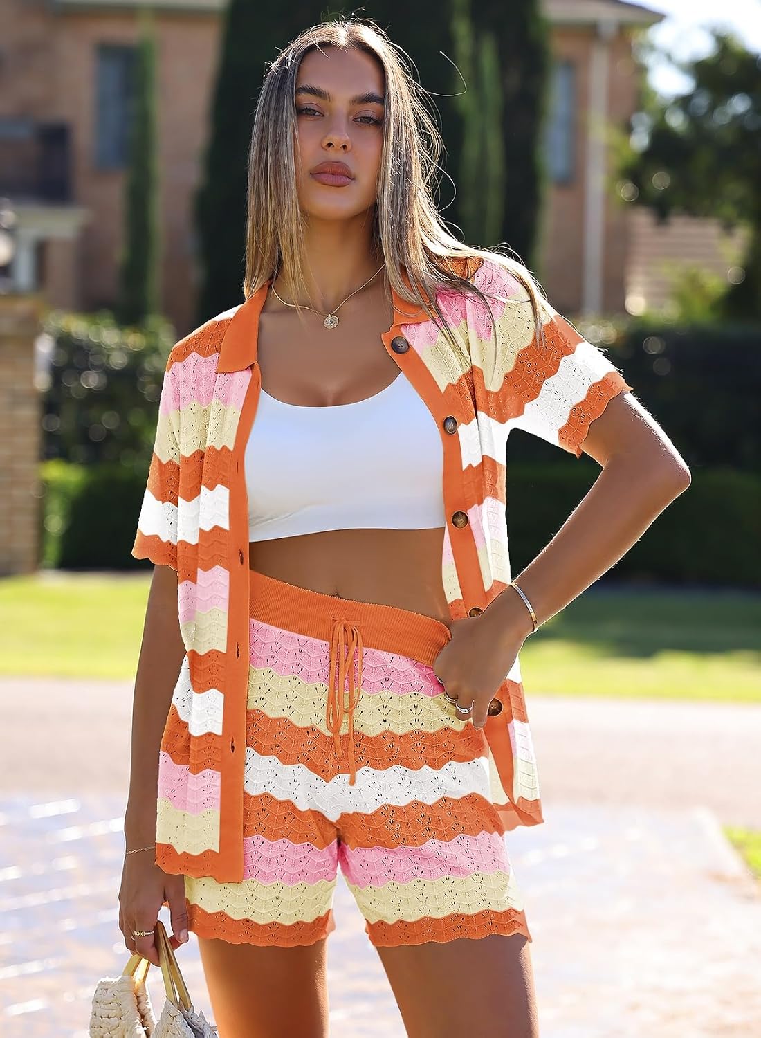 Pink Queen Women Knit Shorts Set 2 Piece Outfits Short Sleeve Button Down Sweater Top and Shorts Lounge Set