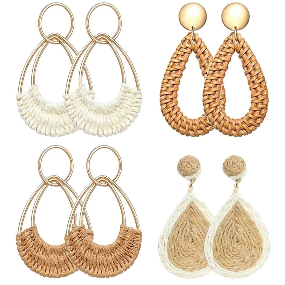 4 Pairs Handmade Raffia Rattan Bohemian Round Drop Dangle Earrings for Women, Boho Statement Cute Fun Hoop Earrings Set
