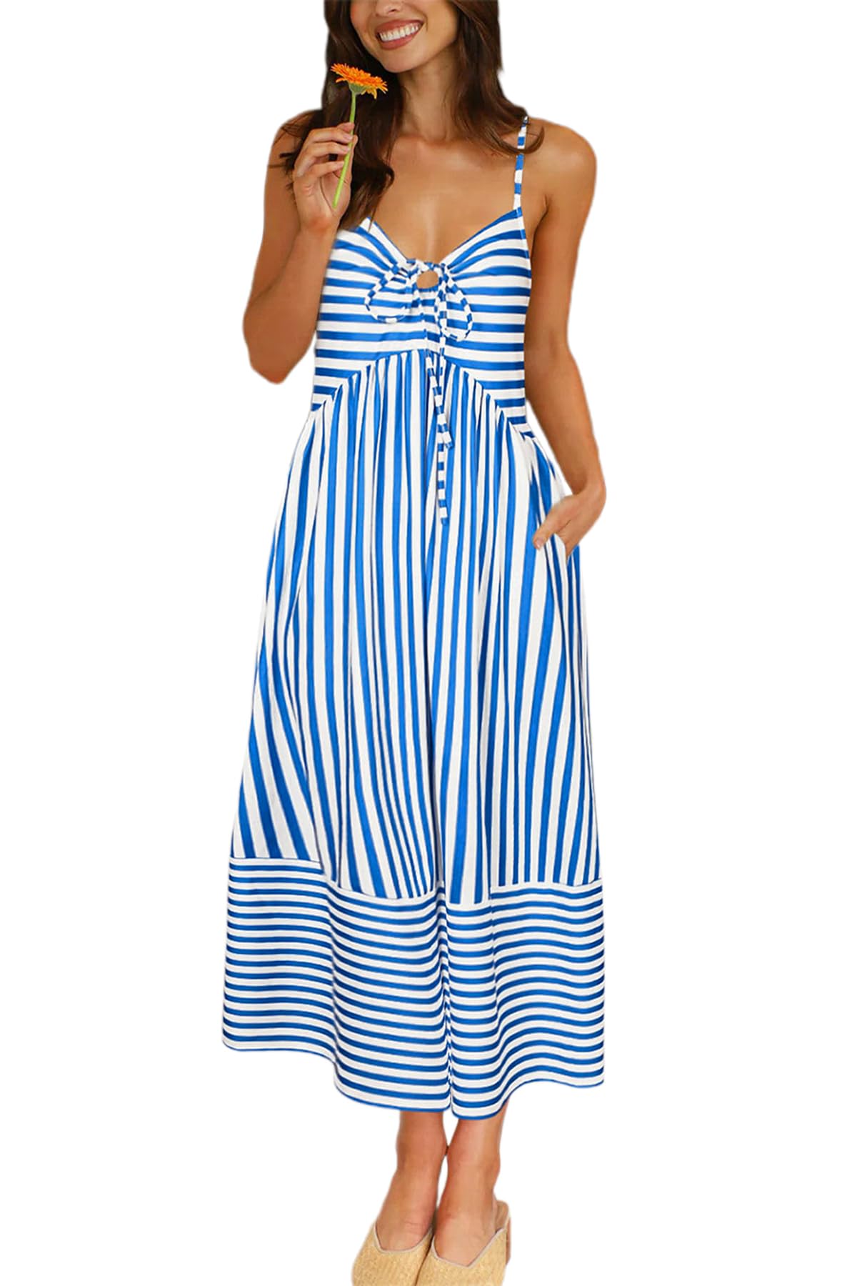 Fashionme 2026 Women Summer Boho Maxi Dresses Vacation Beach with Pockets | Striped,Sleeveless Back Shirred Beach Long Sundresses, A Line Spaghetti Strap,Back Tie V Neck,Trendy,Soft Knit Dress, S-XL