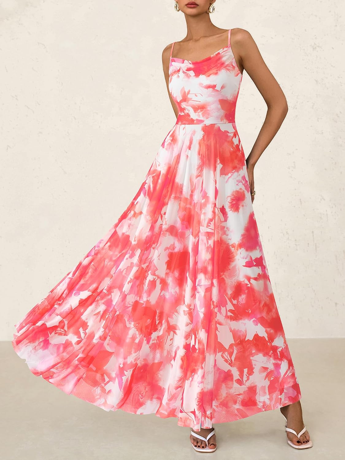 BTFBM Women Summer Maxi Dresses Elegant Wedding Guest Dress | Cowl Neck,Spaghetti Strap,Mesh,Floral,A-Line,Flowy,Party,Cocktail,Homecoming,Graduation,Sundress,Prom,Beach Long Dresses