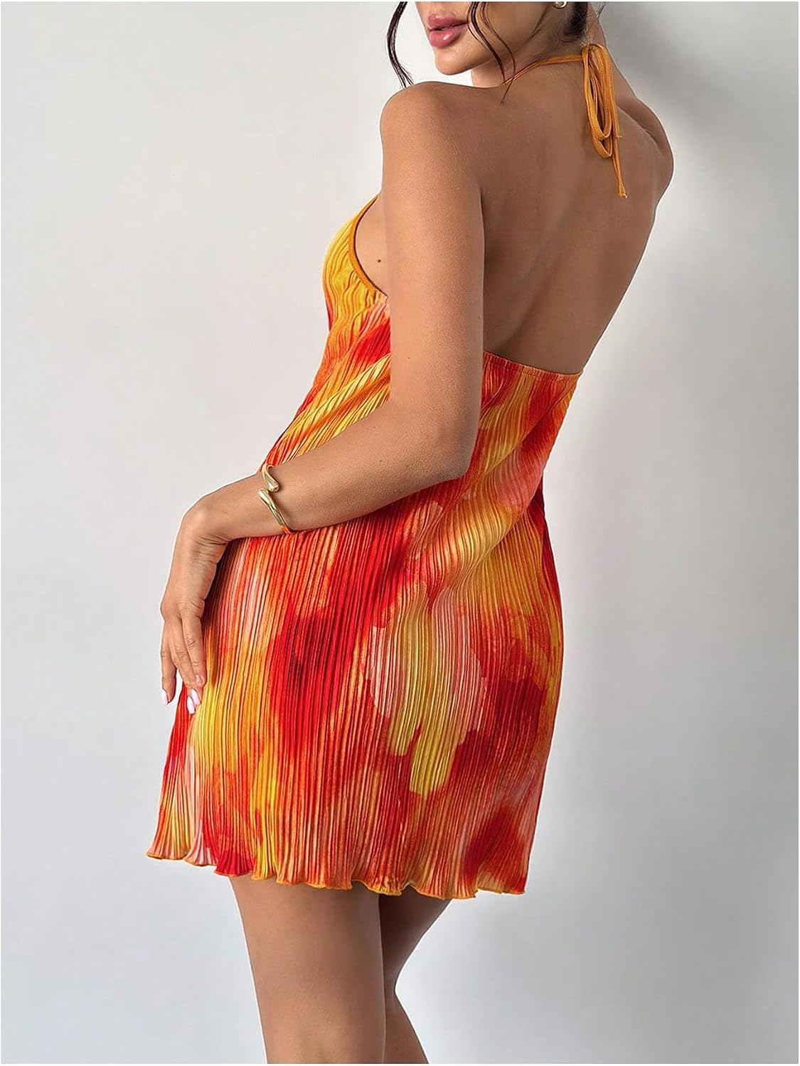 SHENHE Women's Halter Loose Pleated Backless Summer Beach Sunset Dress | Vacation, Tie Dye, Flowy, Short Dresses