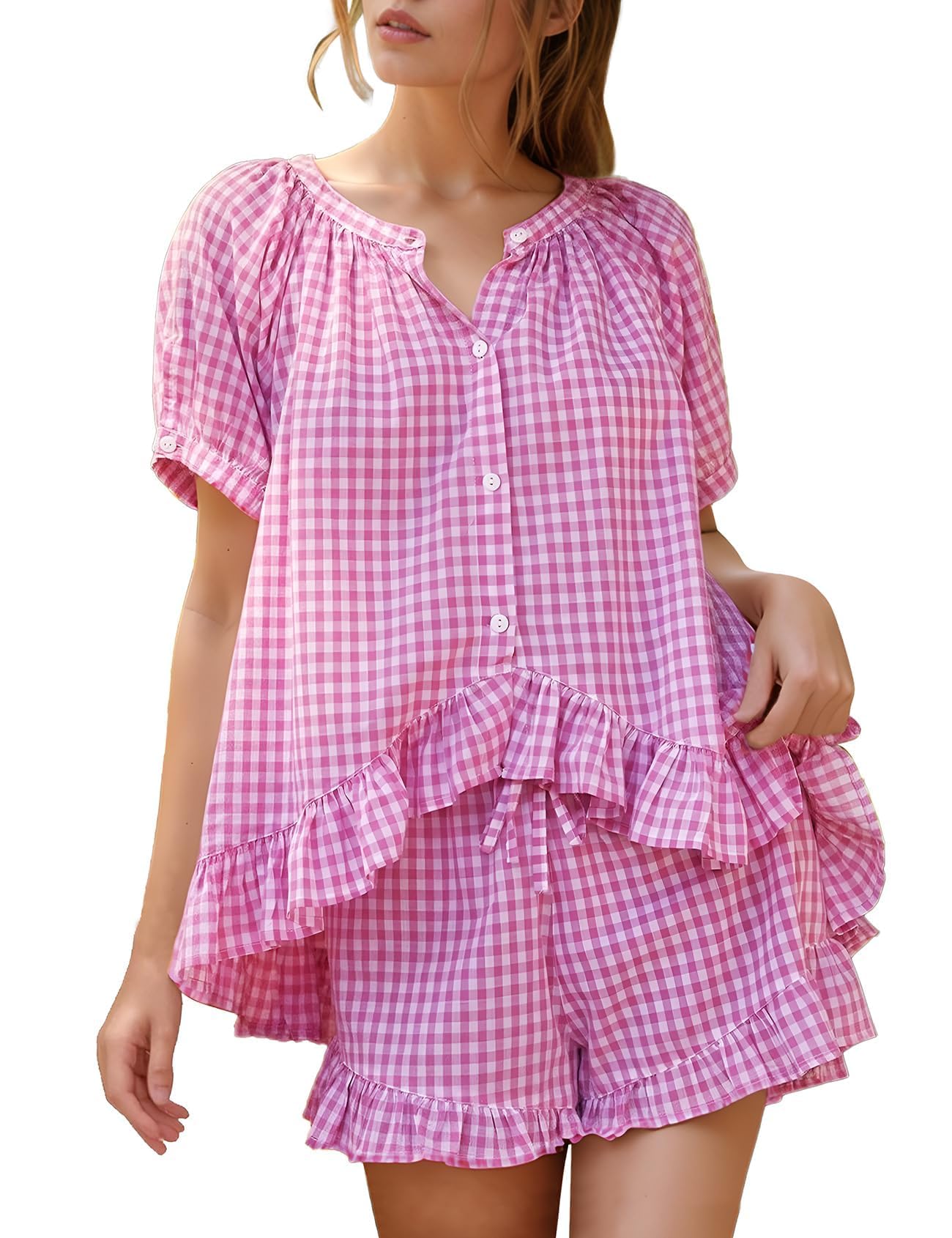 Flygo Cotton Pajamas for Women Gingham Set Lounge Sets | 100% Cotton, Plaid, Babydoll Top, Relaxed Fit, Puff Sleeve, Shorts, Pockets, Summer, Sleepwear, Vacation, Wedding, Parties