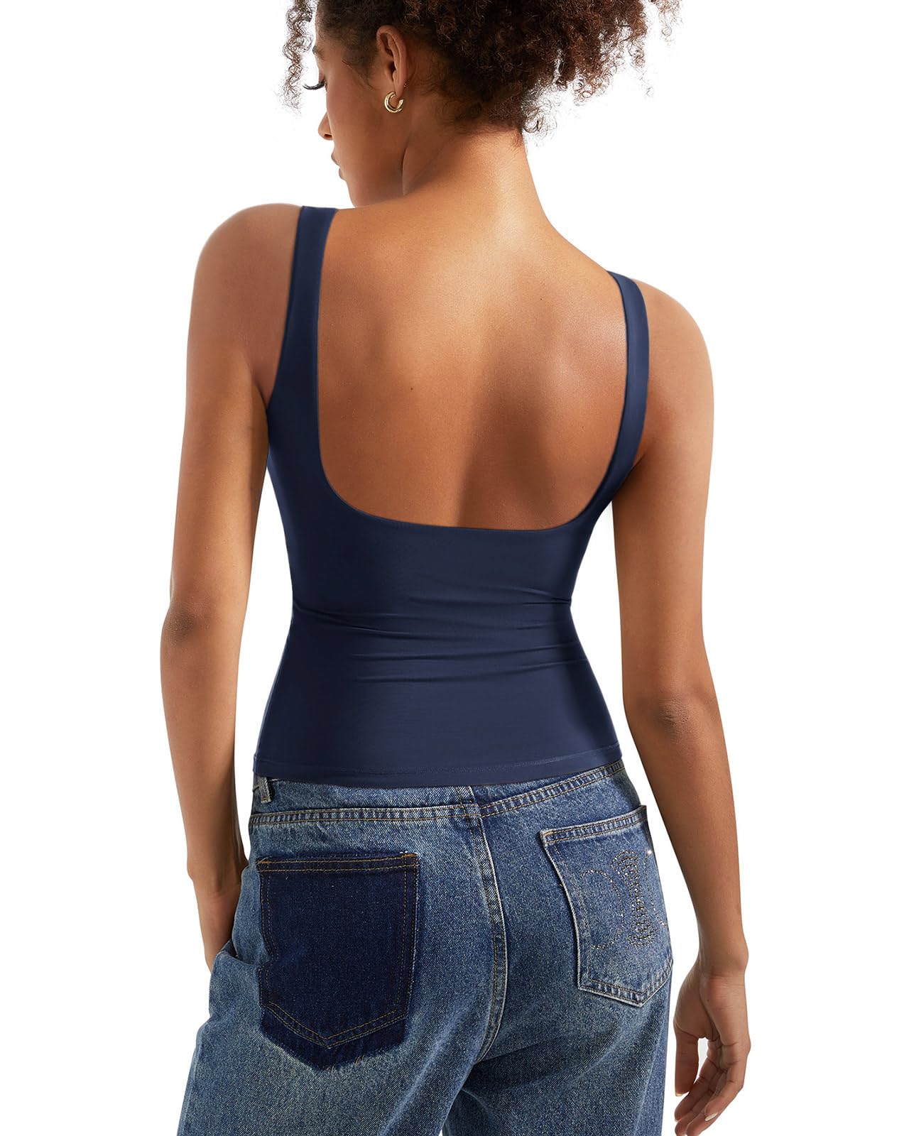 SUUKSESS Women Padded Open Back Boat Neck Tank Top Double Lined Basic Shirt | Backless Sleeveless Built in Bra Tops Slim Fitted Summer Going Out Top