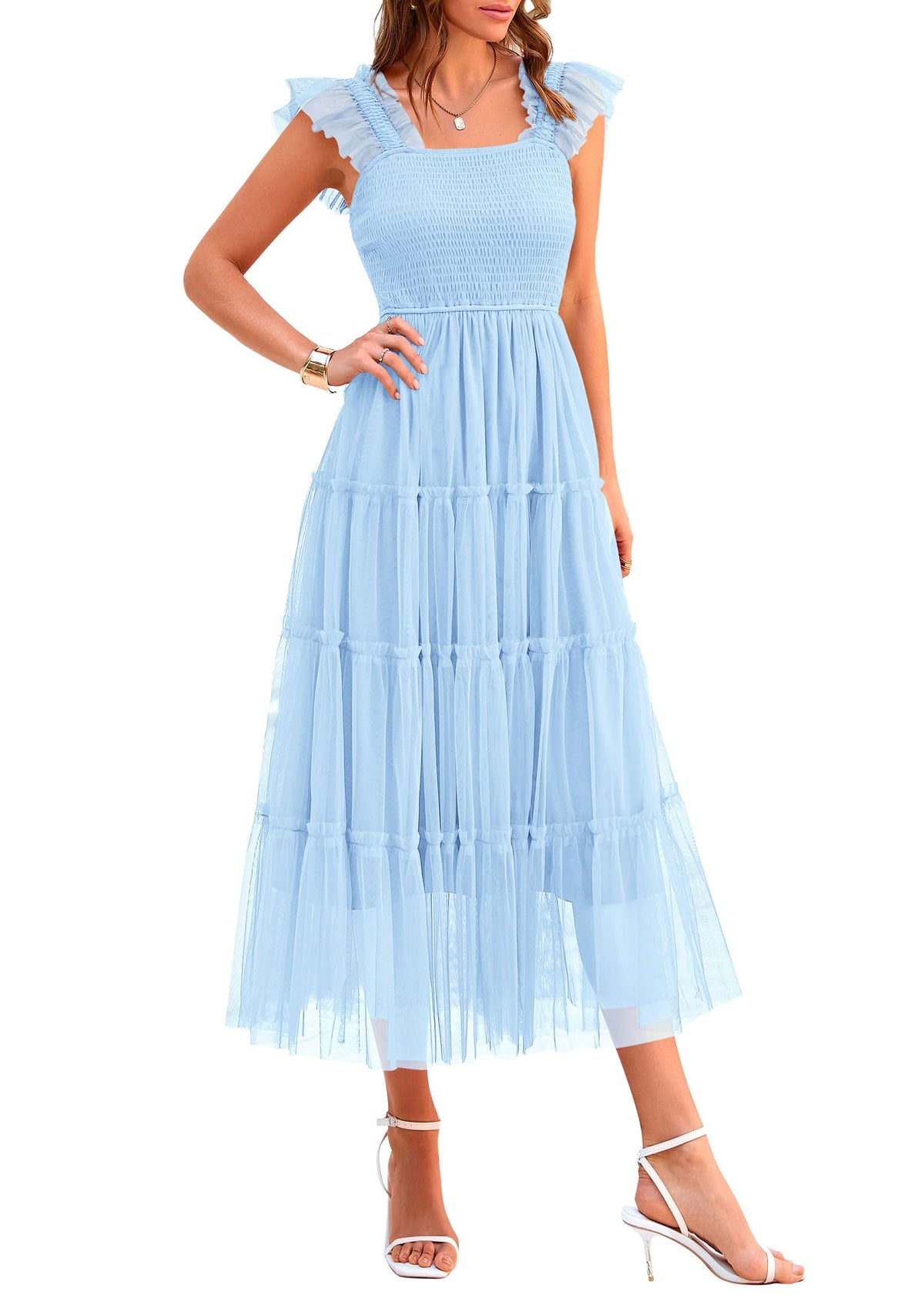 PRETTYGARDEN Women's Summer Smocked Midi Tulle Dress | Sleeveless Square Neck A Line, Flowy Tiered Mesh, Spring Semi Formal Wedding Guest Outfits, Homecoming Prom Party Dresses