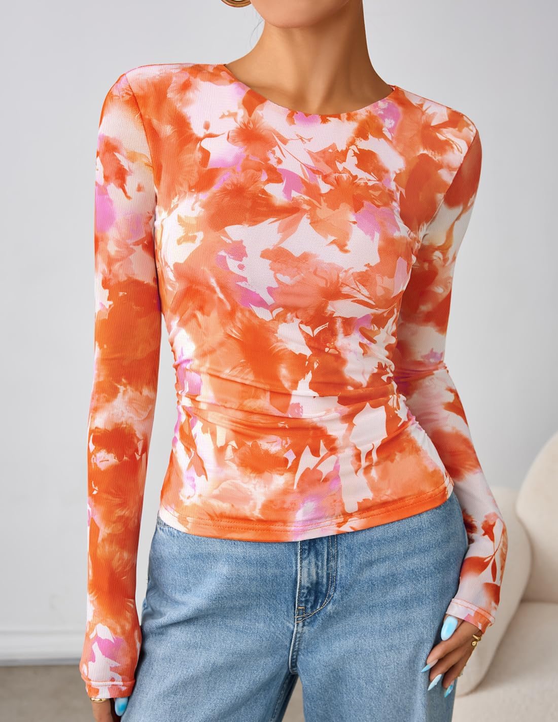 ZESICA Womens Floral Mesh Going Out Tops Fall Long Sleeve Y2K Shirts | Crew Neck, Slim Fit Ruched Top, Sexy Y2K Trendy Clothes, Date Night Outfit for Women
