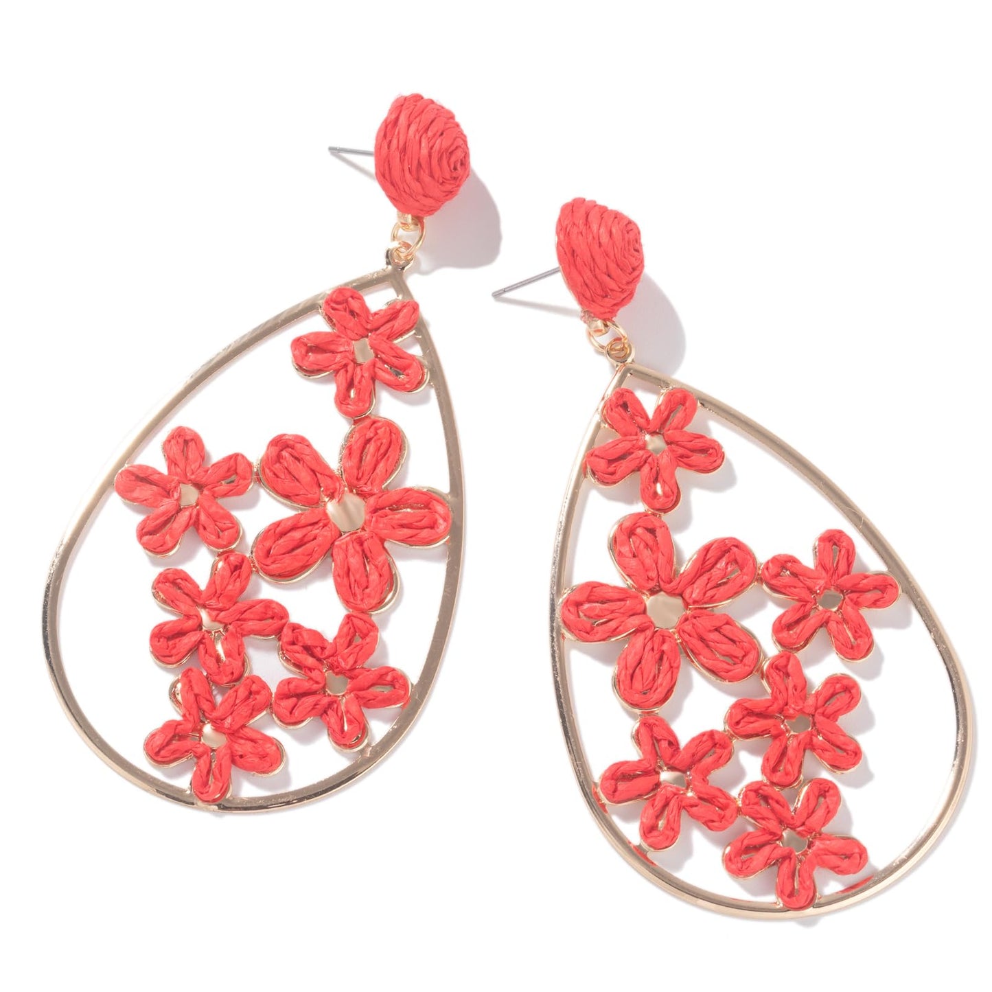 Boho Raffia Flower Teardrop Earrings Cute Colorful Dangle Trendy Jewelry | Floral Drop Statement Big Dangling Earring Hypoallergenic Gold Fun Unique Summer Spring Beach Vacation Outfits for Women